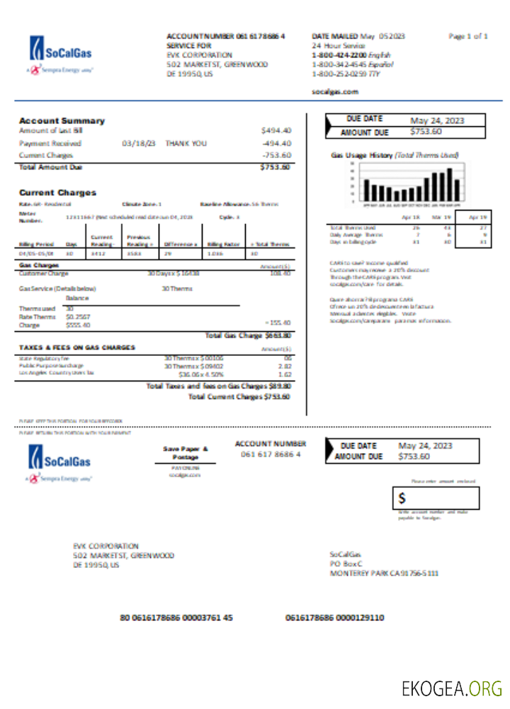 Facture commerciale du service public de gaz SoCal de Californie, SCR